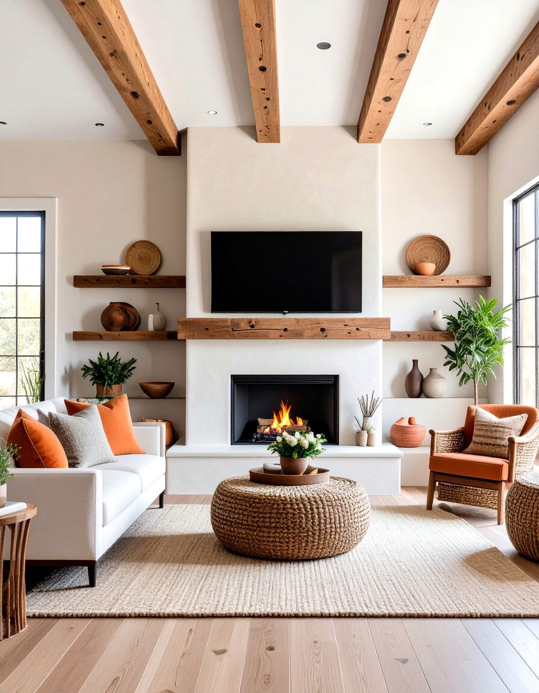 Southwestern Adobe Linear Fireplace with Vigas TV Wall - 25 Linear Fireplace Ideas With Tv Above