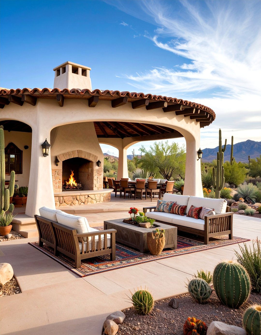Southwestern Adobe Pavilion with Rounded Fireplace - 25 Backyard Pavilion With Fireplace
