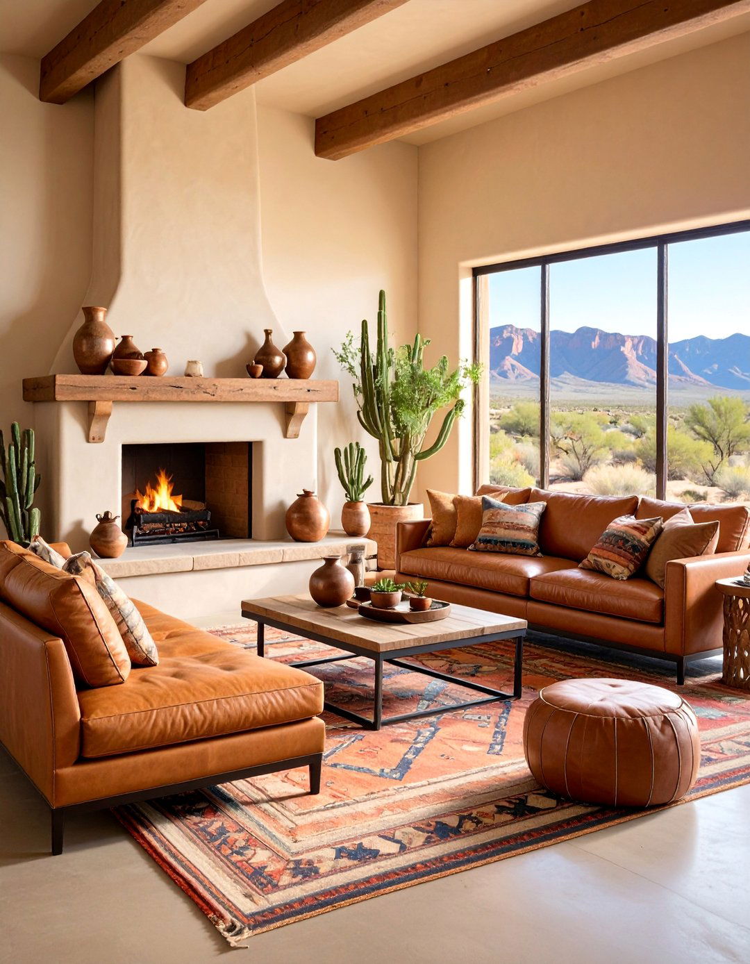 Southwestern Adobe Sectional with Kiva Fireplace - 25 Living Room Ideas With Sectionals and Fireplace