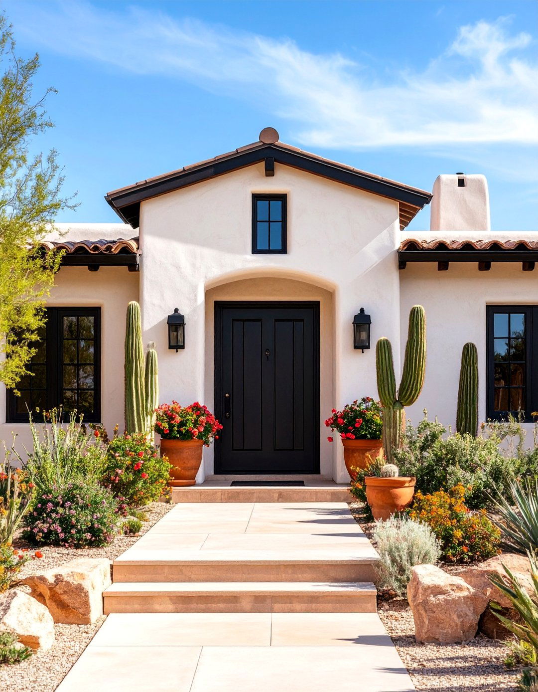 Southwestern Adobe Style with Flat Roofs - 25 White Exterior Home with a Black Roof Ideas