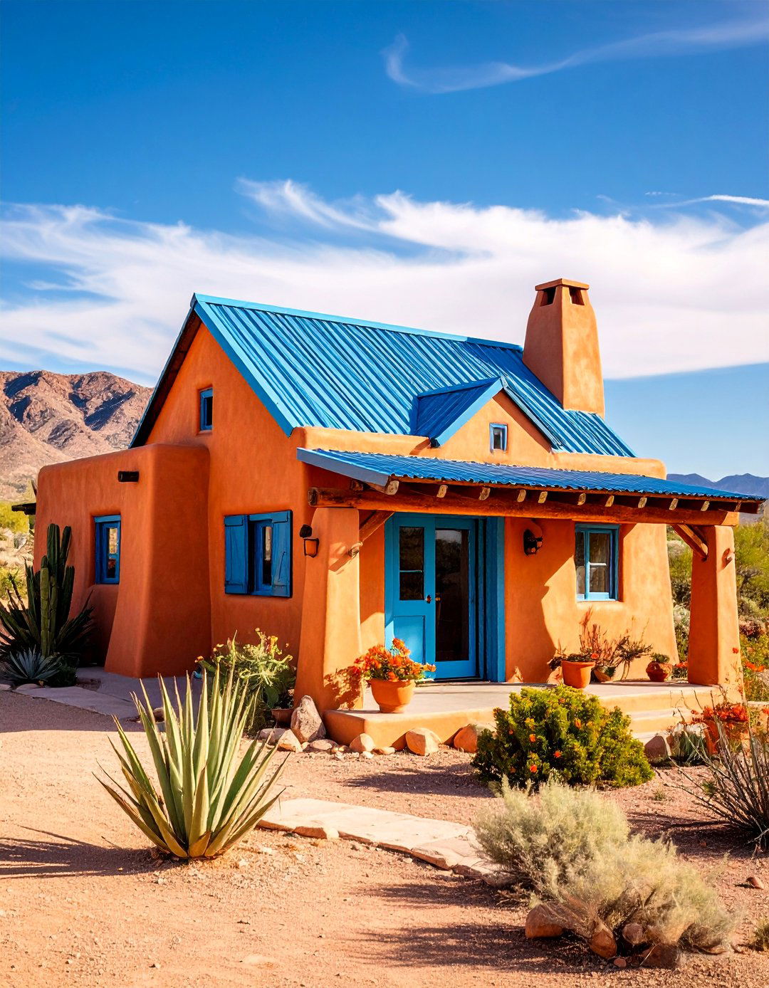 Southwestern Blue Metal Roof Adobe with Desert Landscaping - 25 houses with blue metal roofs