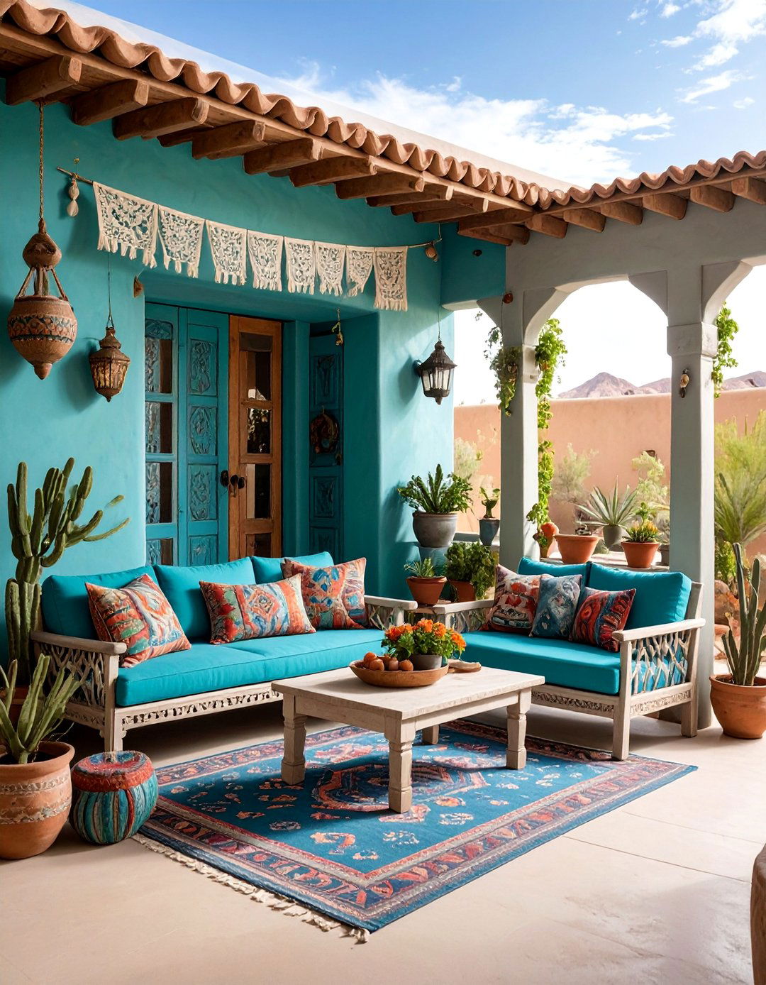 Southwestern Boho Adobe with Turquoise Accents - 25 Boho House Exterior Ideas