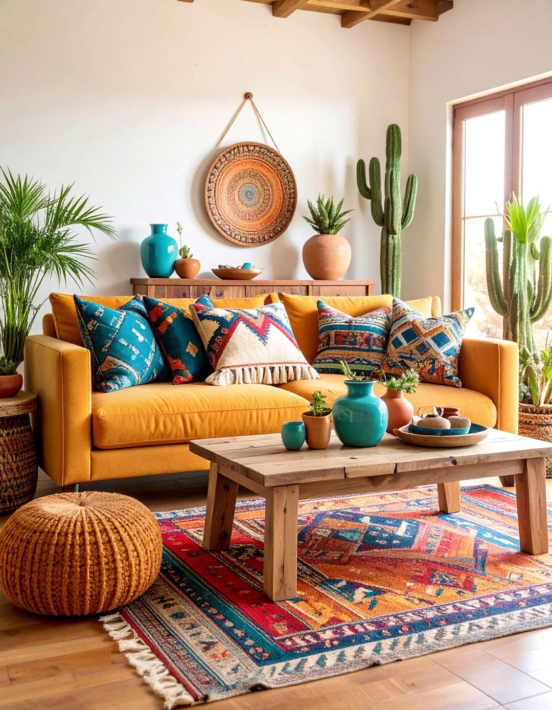 Southwestern Desert Mustard Sofa with Adobe and Turquoise Accents - 25 Yellow Couch Living Room Ideas