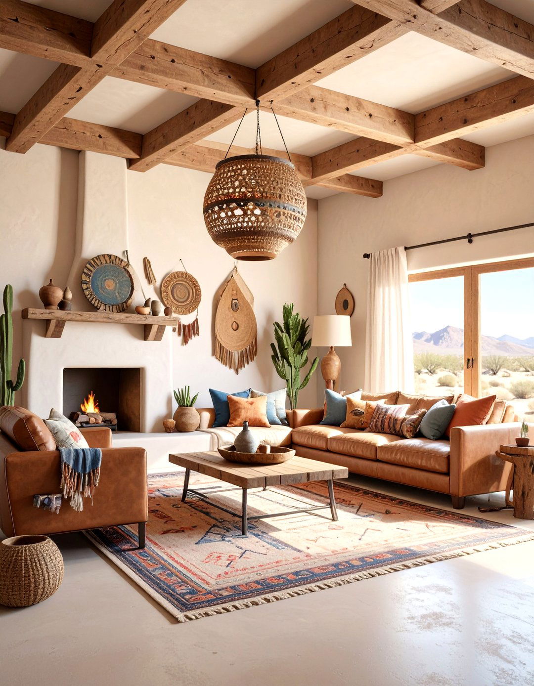 Southwestern Living Room with Vigas and Adobe Elements - 25 Exposed Beam Living Room Ideas