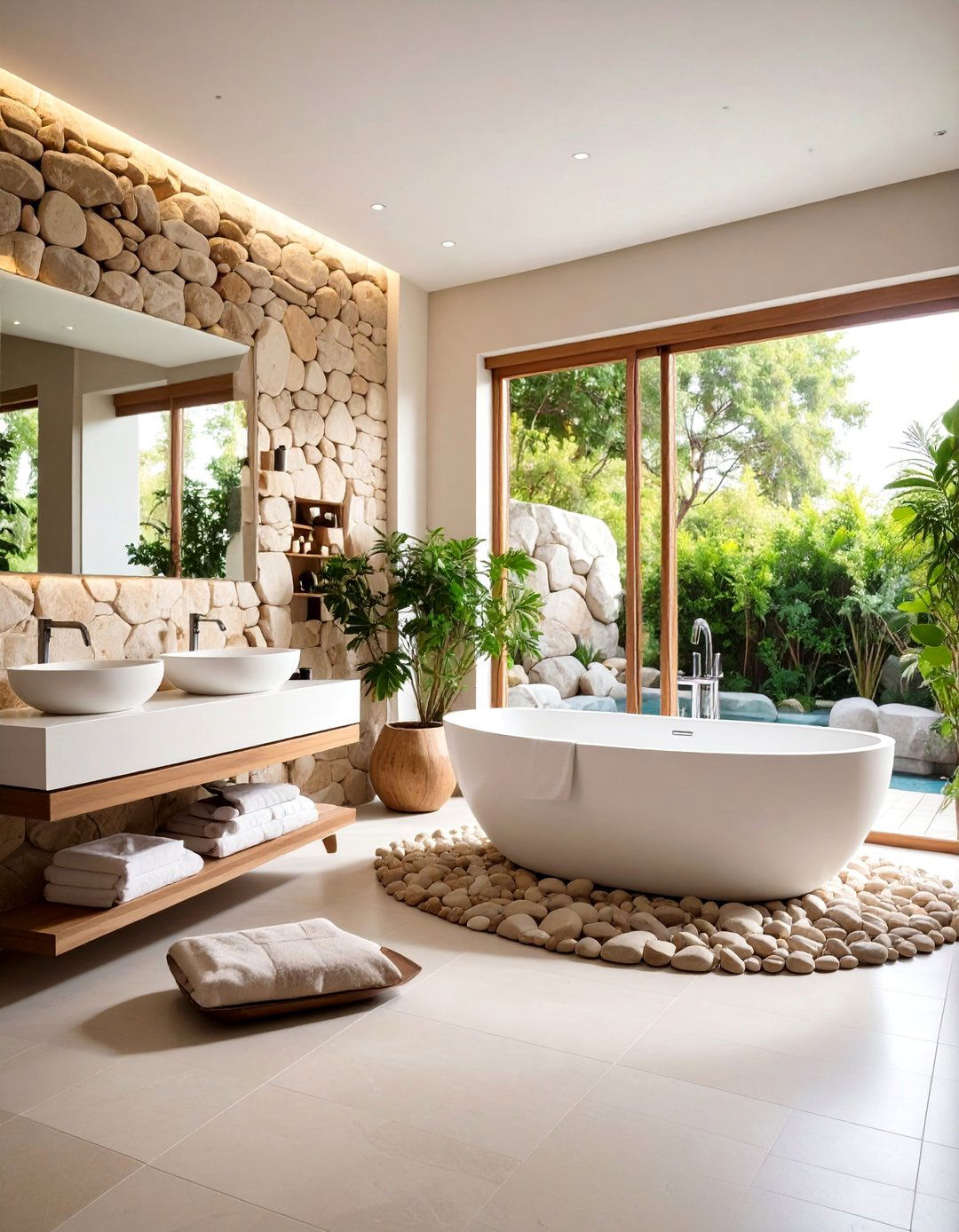 Spa Inspired Bathroom with Beige River Rock and White Porcelain - 25 Beige and White Bathroom Ideas