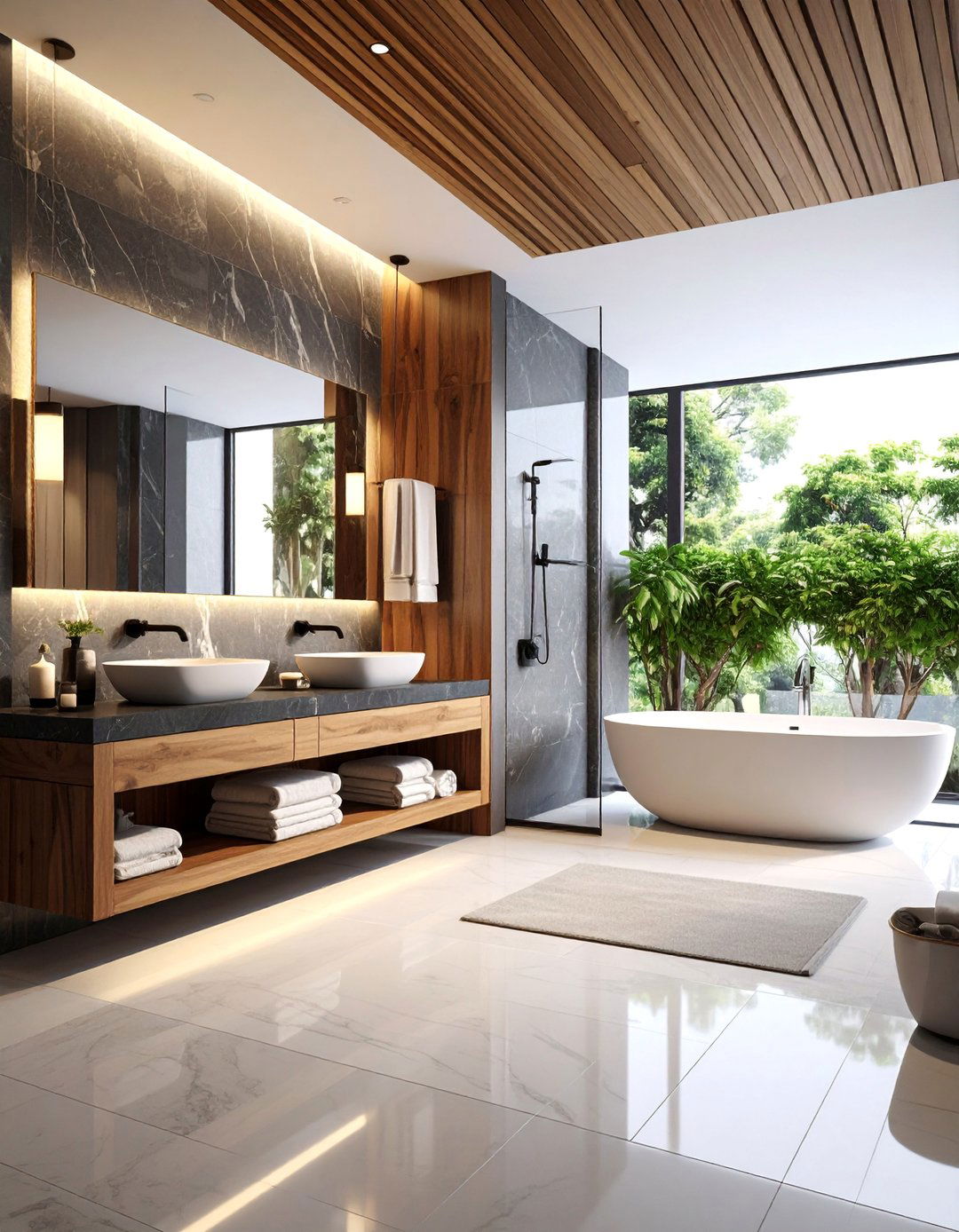 Spa Inspired Black Stone with Teak Wood Elements - 25 Black and Wood Bathroom Ideas
