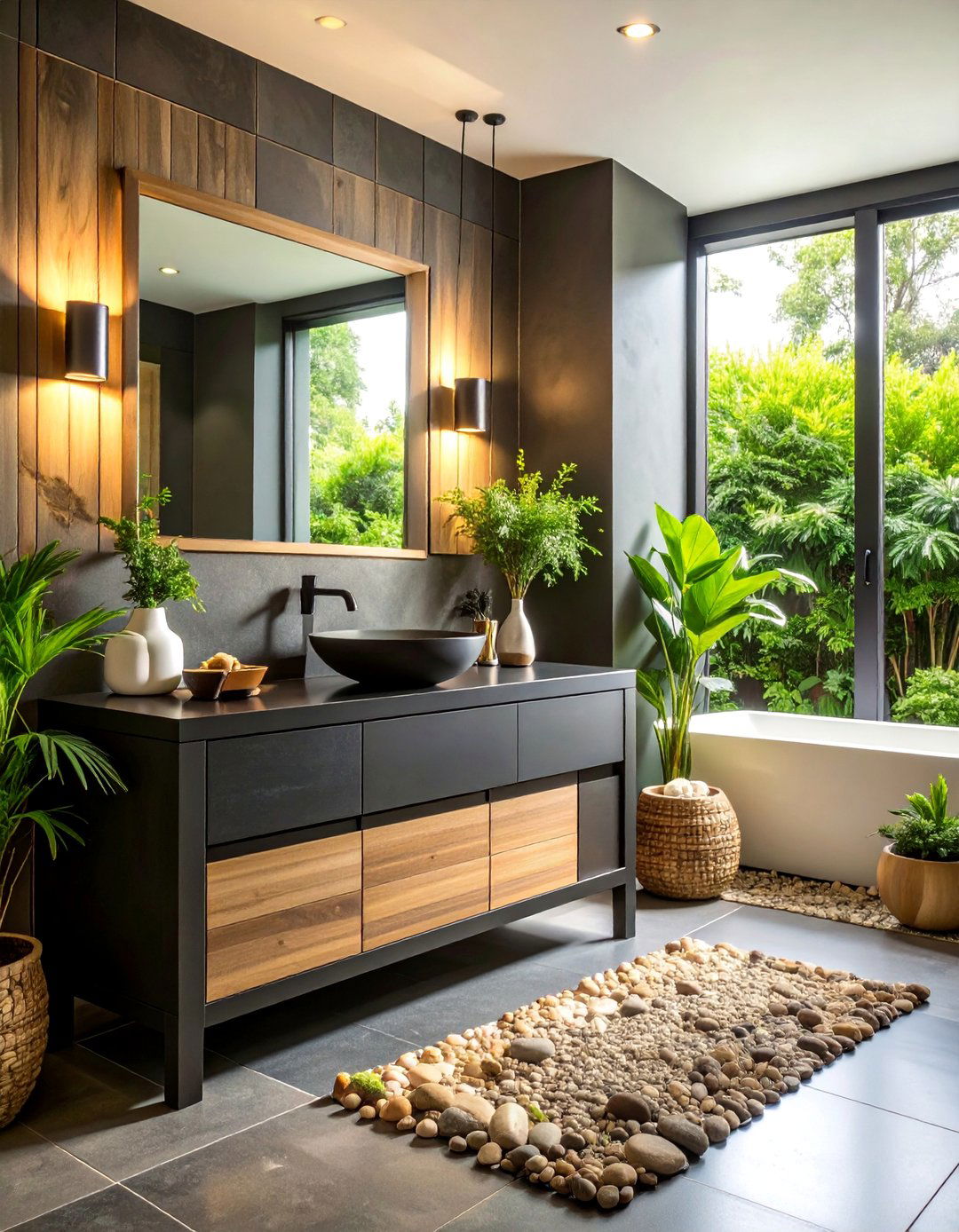 Spa Inspired Black Vanity with Natural Elements - 25 Black Vanity Bathroom Ideas