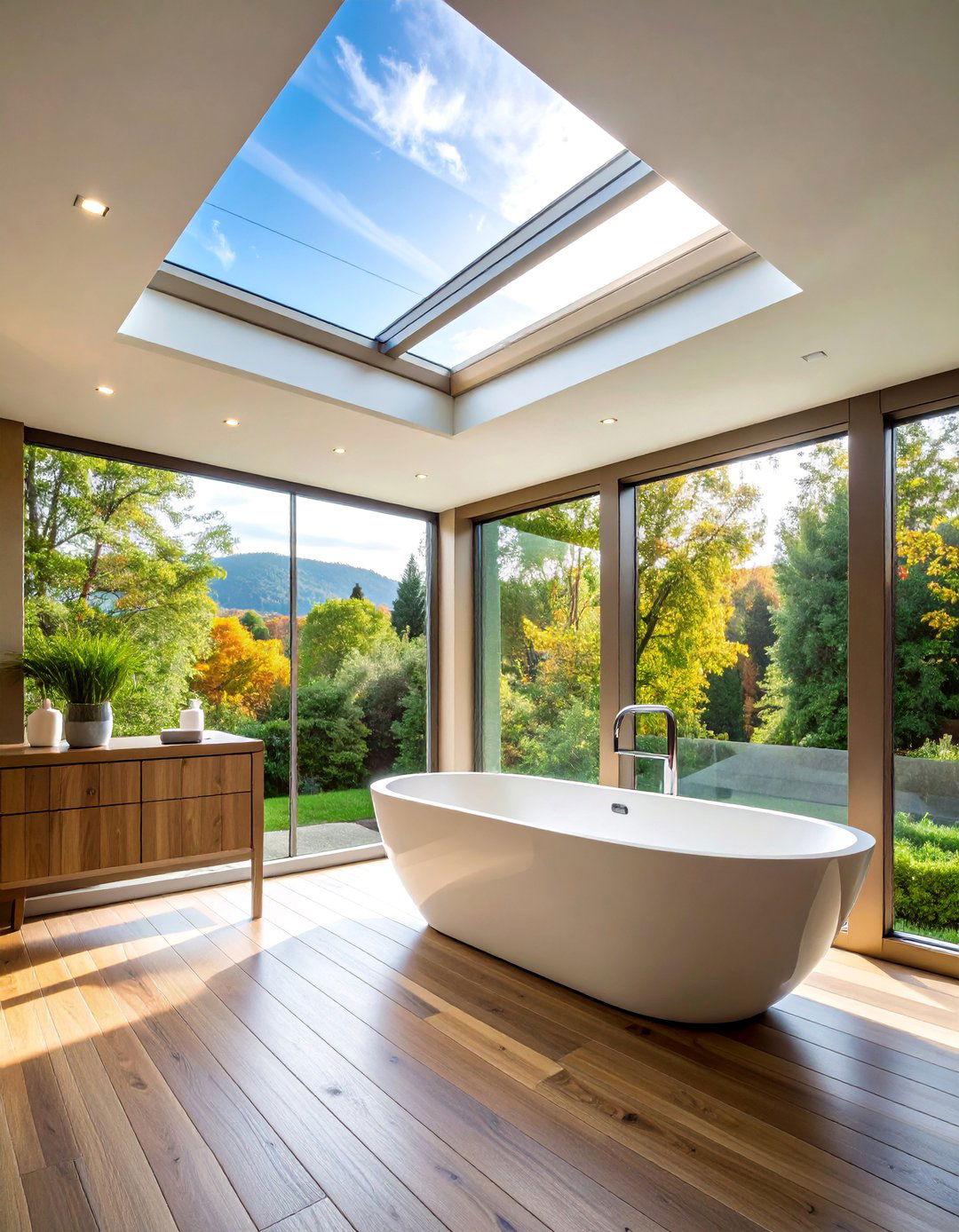 Spa Inspired Natural Skylight Integration - 25 Bathroom Lighting Ideas