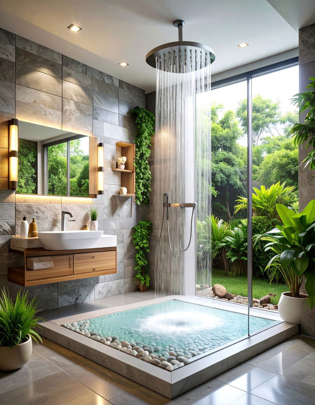 Spa Inspired Rainfall Shower with Natural Stone Surround - 25 Elegant Bathroom Decor Ideas