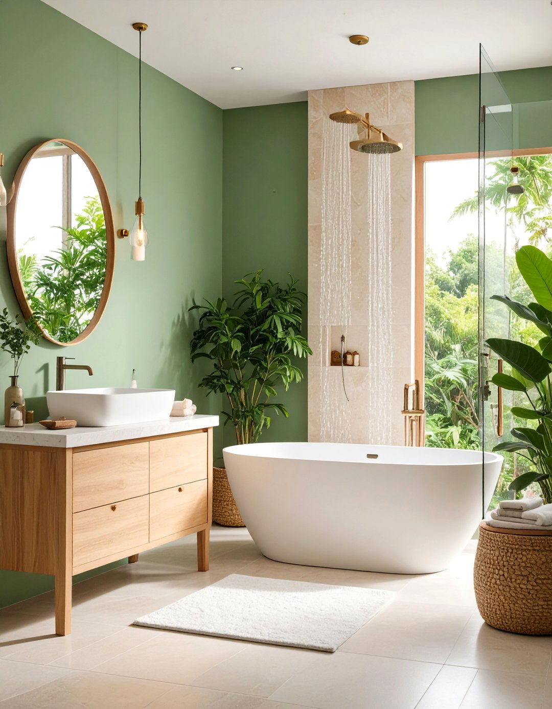 Spa Inspired Sage Green Bathroom with Cream Natural Stone - 25 Sage Green and Cream Bathroom Ideas