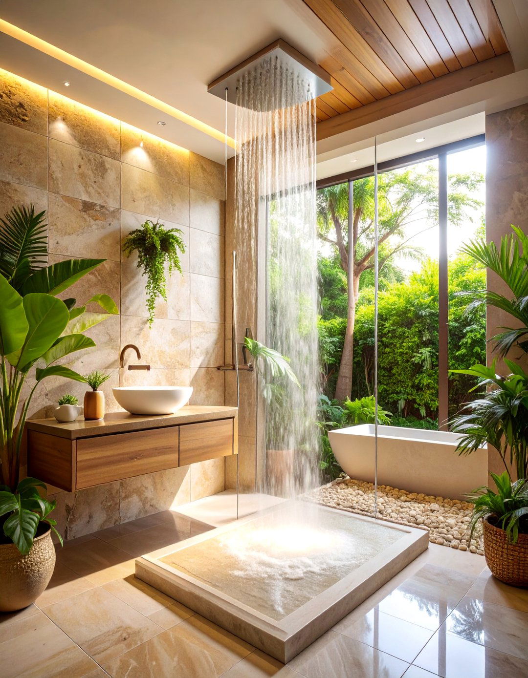 Spa Inspired Walk in Shower with Rainfall Features - 25 Small Bathroom Walk-in Shower Ideas