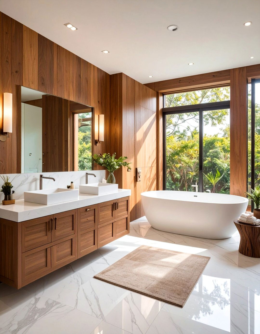 Spa Luxury Brown Teak with White Marble Surfaces - 25 Brown and White Bathroom Ideas