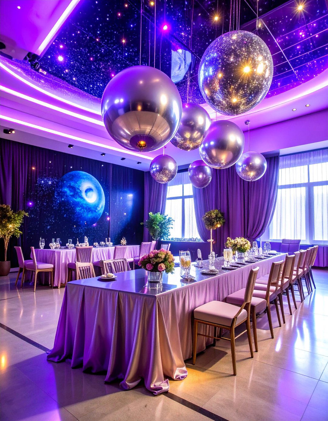 Space Galaxy with Metallic Elements and Star Projections - 25 Party Decoration Ideas