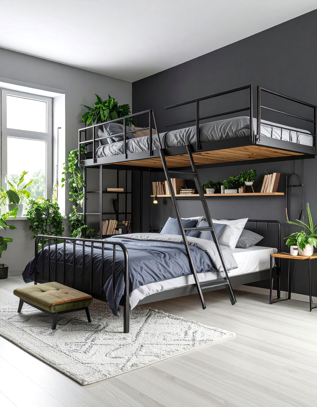 Space Saving Matte Black Bedroom with Built In Loft Bed - 25 Matte Black Bedroom Ideas