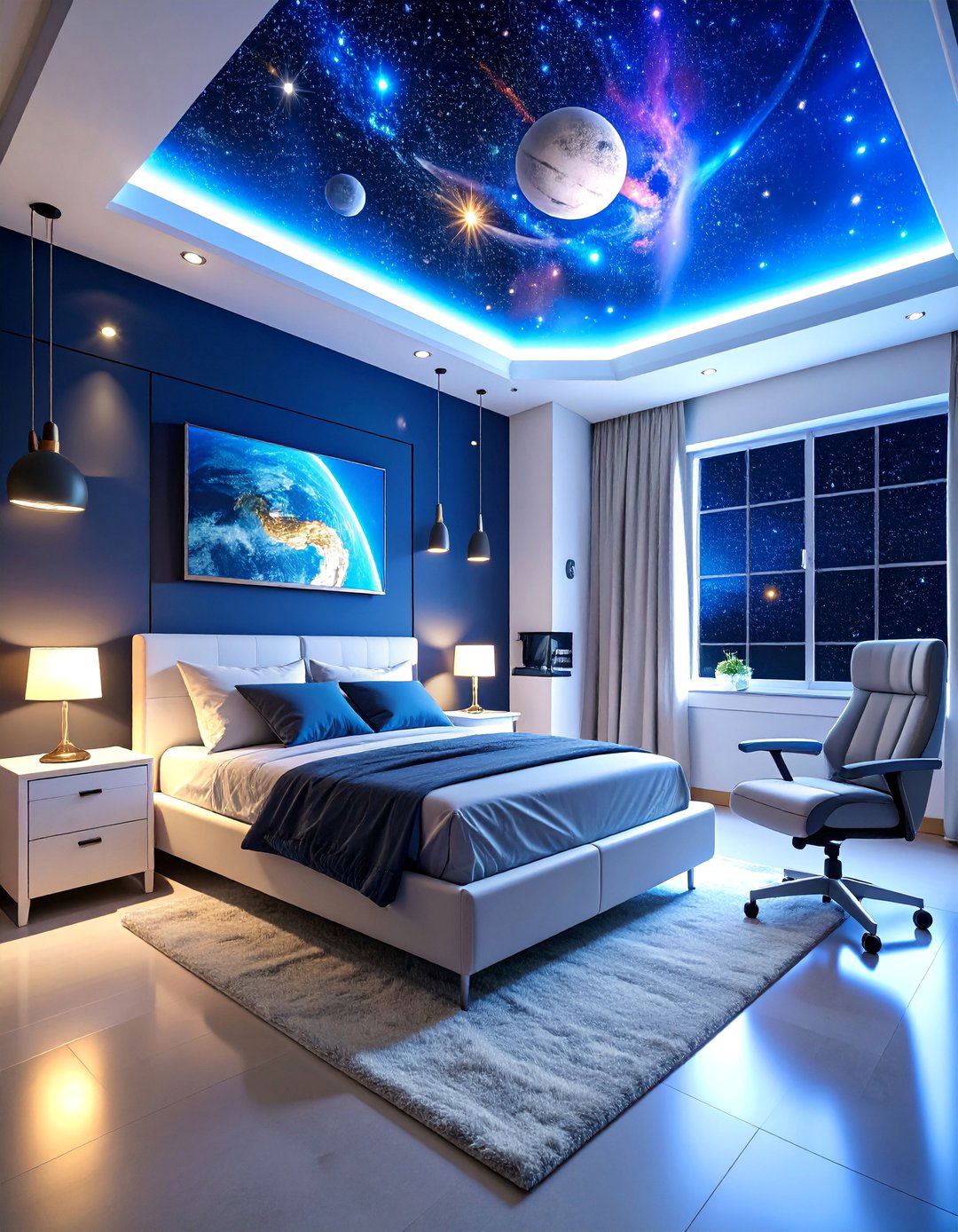 Space Themed Gaming Bedroom with Galaxy Projection Lighting - 25 Gaming Bedroom Ideas