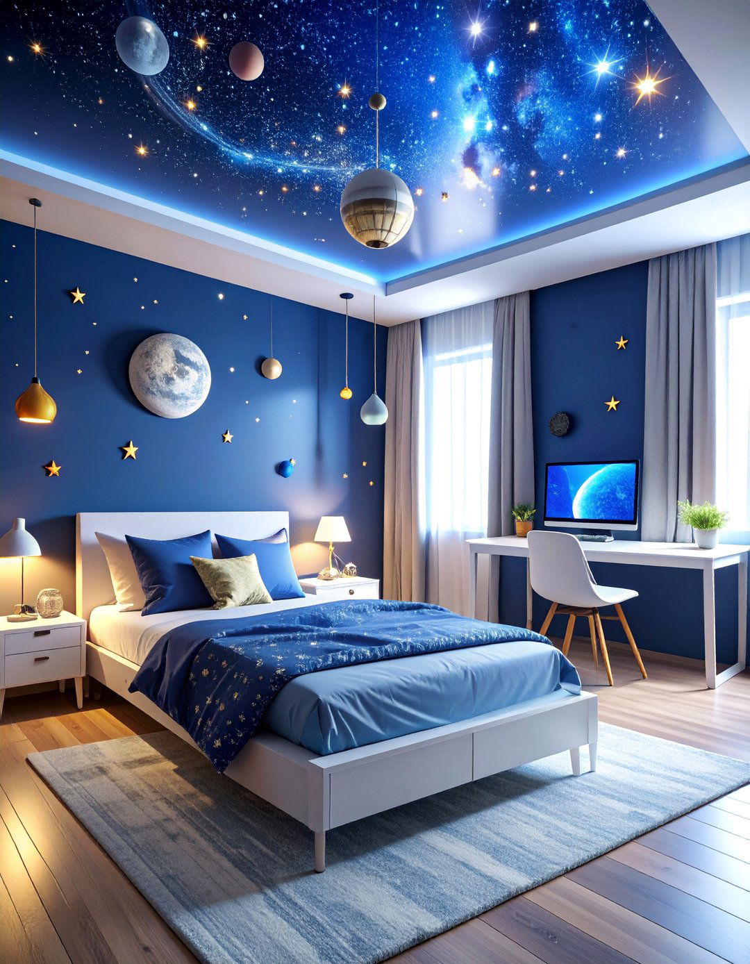 Space Themed Gaming Room with Star Projections - 25 Gamer Girl Room Ideas