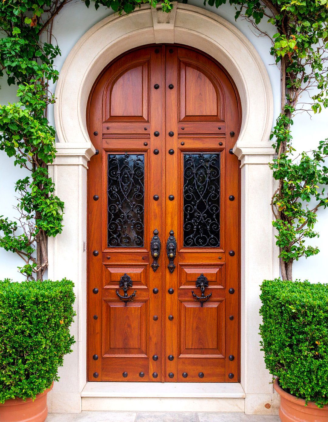 Spanish Colonial Arched Door with Wrought Iron Grilles - 25 Spanish Style Front Door Ideas
