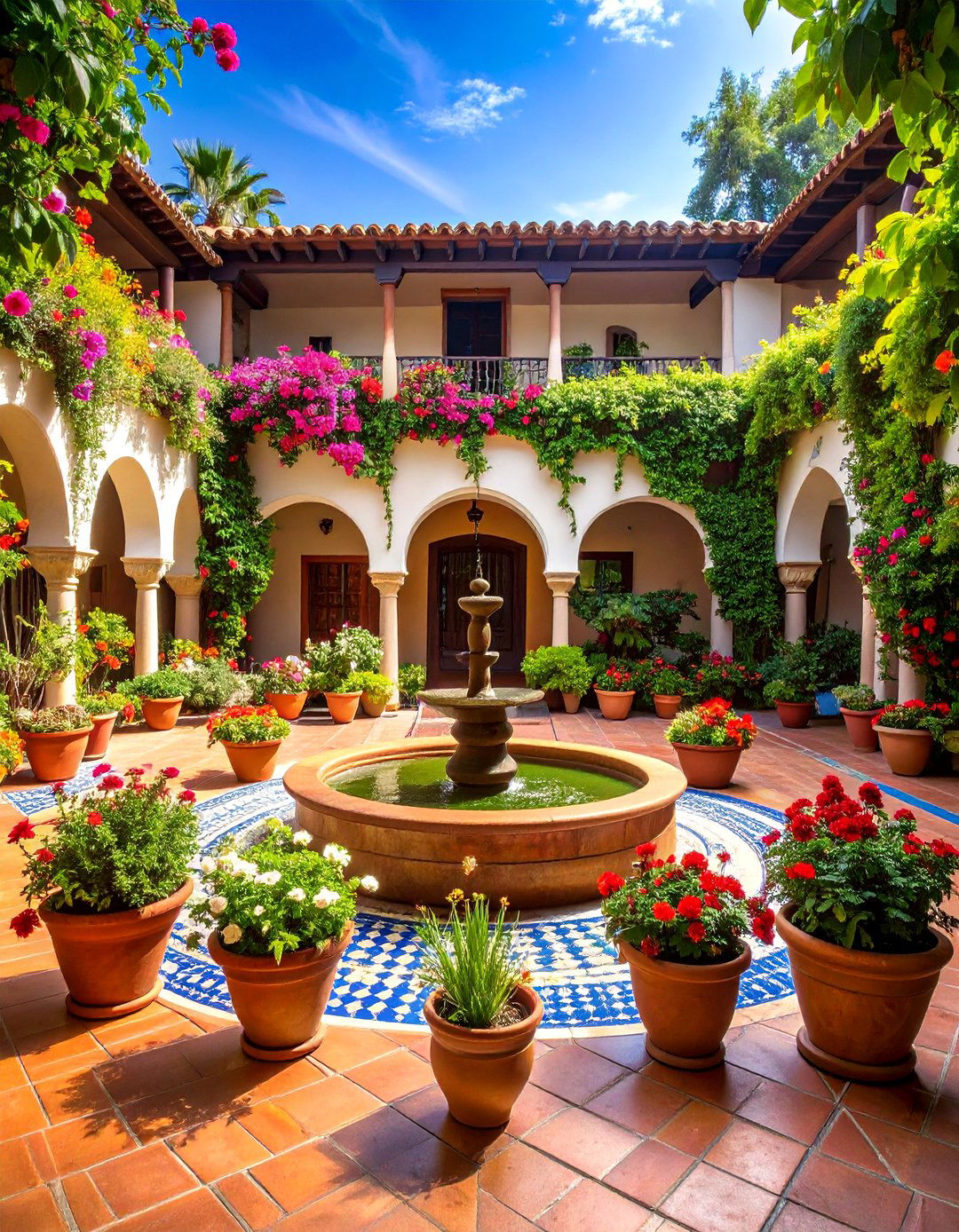 Spanish Colonial Courtyard with Terracotta Fountain - 25 Courtyard Ideas