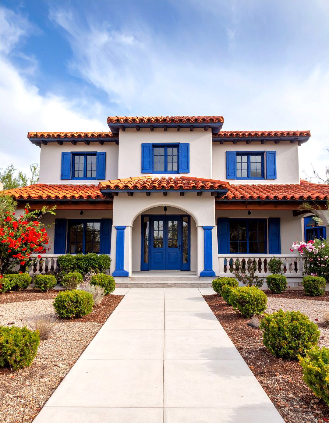 Spanish Colonial Grey House with Cerulean Blue Tile Accents - 25 Grey House With Blue Door Ideas