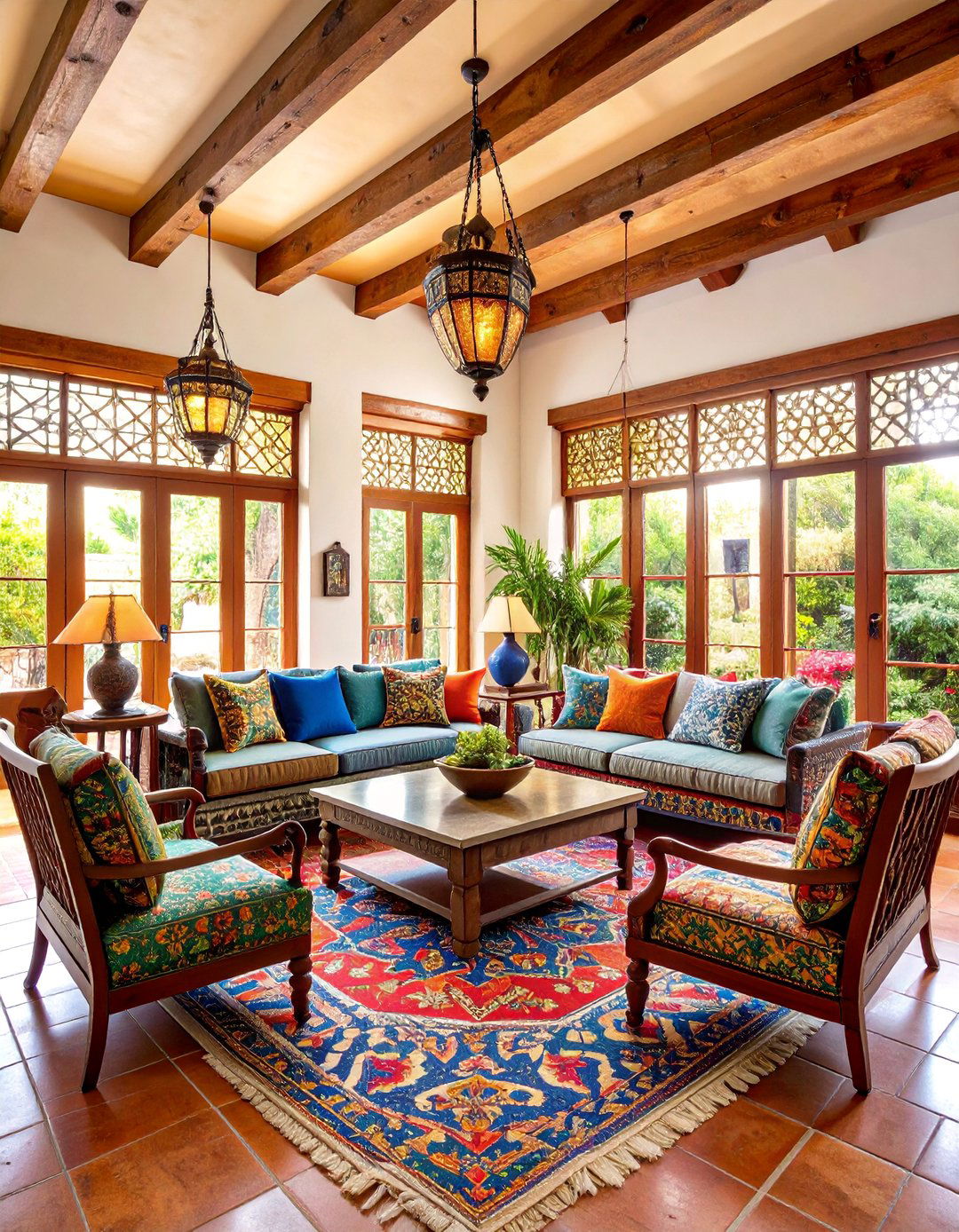 Spanish Colonial Hacienda Living Room with Colorful Tiles - 25 Colonial Living Room Ideas