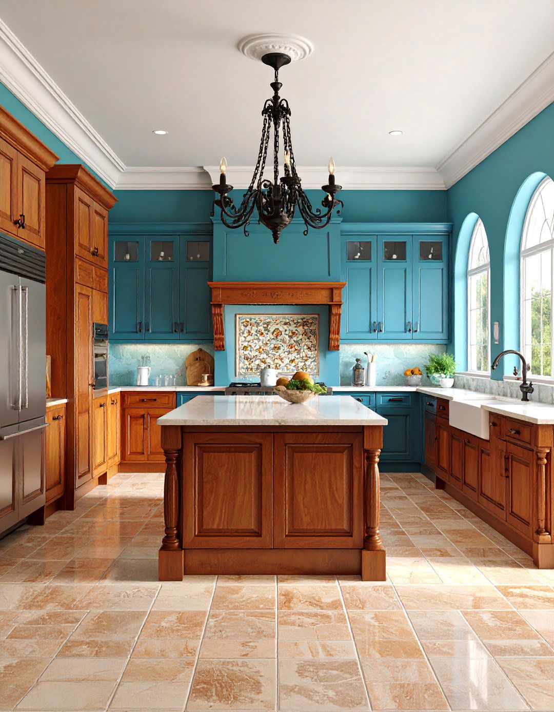 Spanish Colonial Kitchen with Wrought Iron Chandelier - 25 Spanish Style Kitchen Ideas