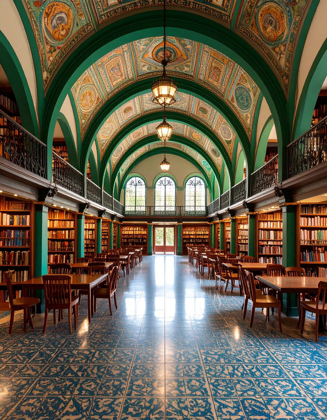 Spanish Colonial Library with Verde Green Arches - 25 Dark Green Home Library Ideas and Inspiration