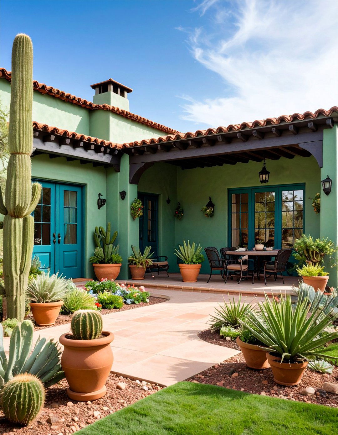 Spanish Colonial with Black Tile Roof - 25 Sage Green House With Black Door