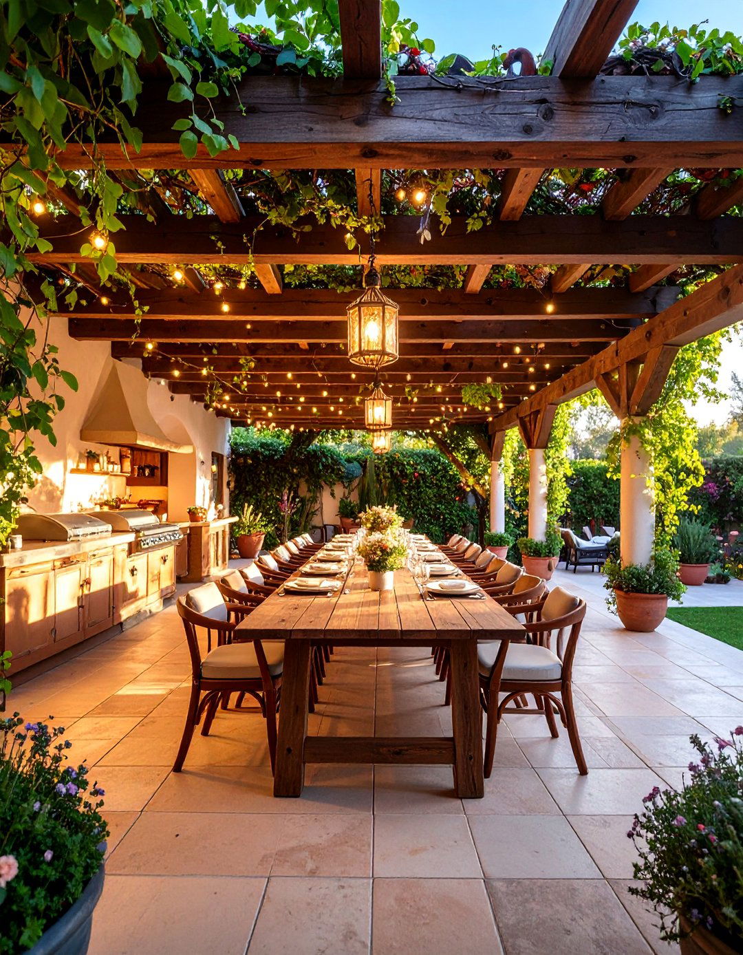 Spanish Courtyard with Pergola Dining Areas - 25 Spanish Courtyard Ideas