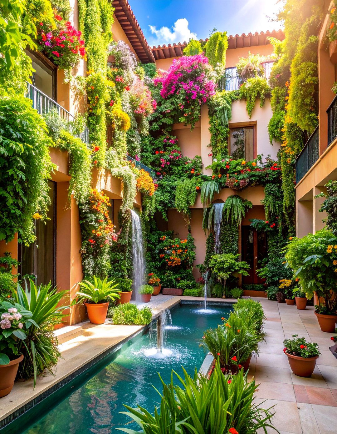 Spanish Courtyard with Vertical Garden Walls - 25 Spanish Courtyard Ideas