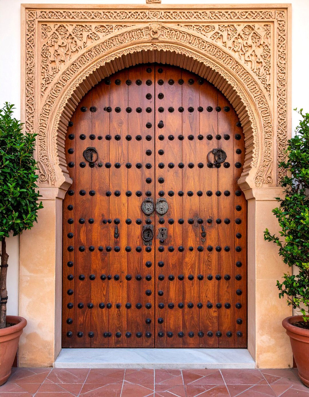 Spanish Fortress Door with Heavy Iron Studs and Reinforcements - 25 Spanish Style Front Door Ideas