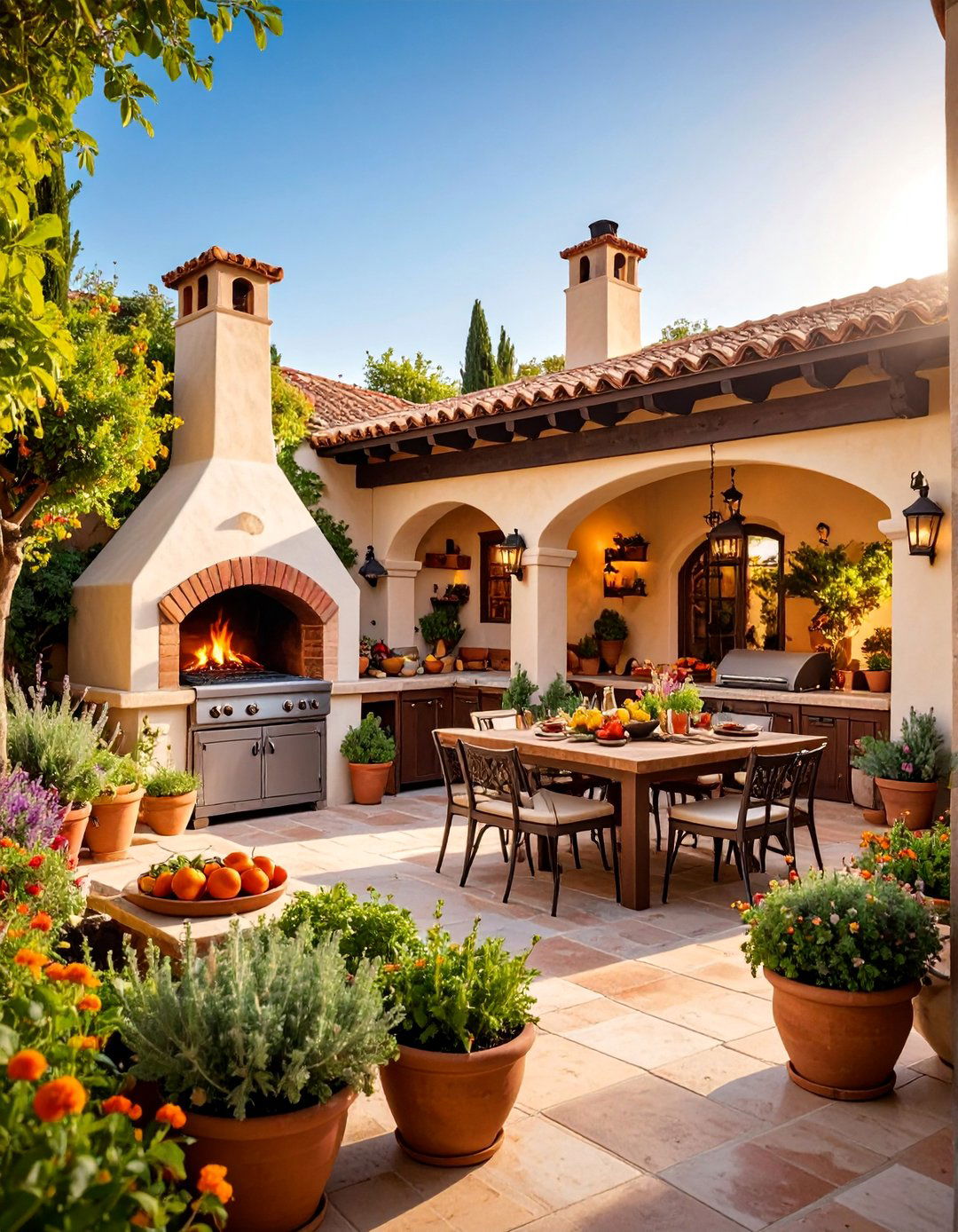 Spanish Hacienda Courtyard with Outdoor Kitchen - 25 Spanish Courtyard Ideas
