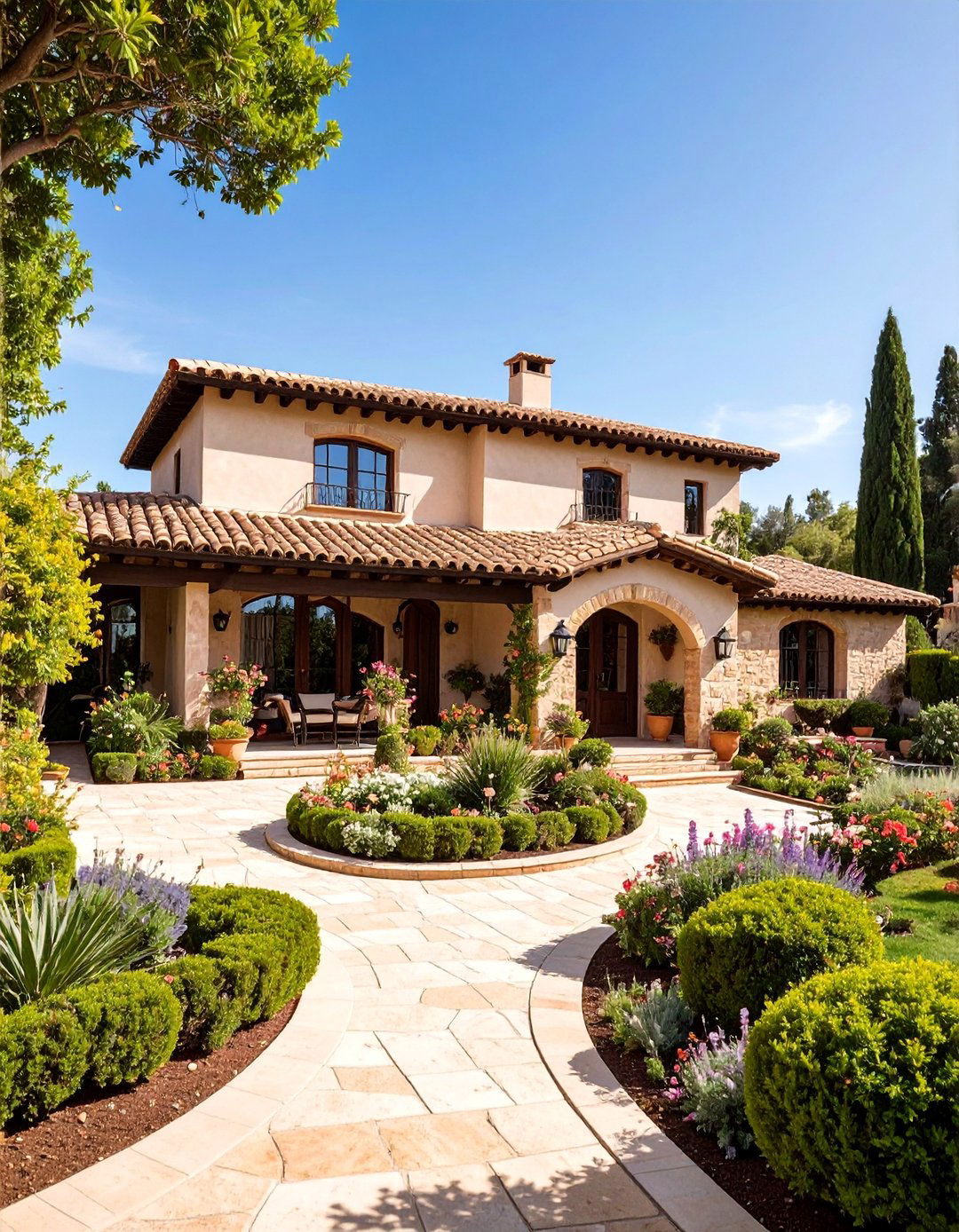 Spanish Mediterranean Beige Brick Villa - 25 Beige Brick Exterior Home Ideas