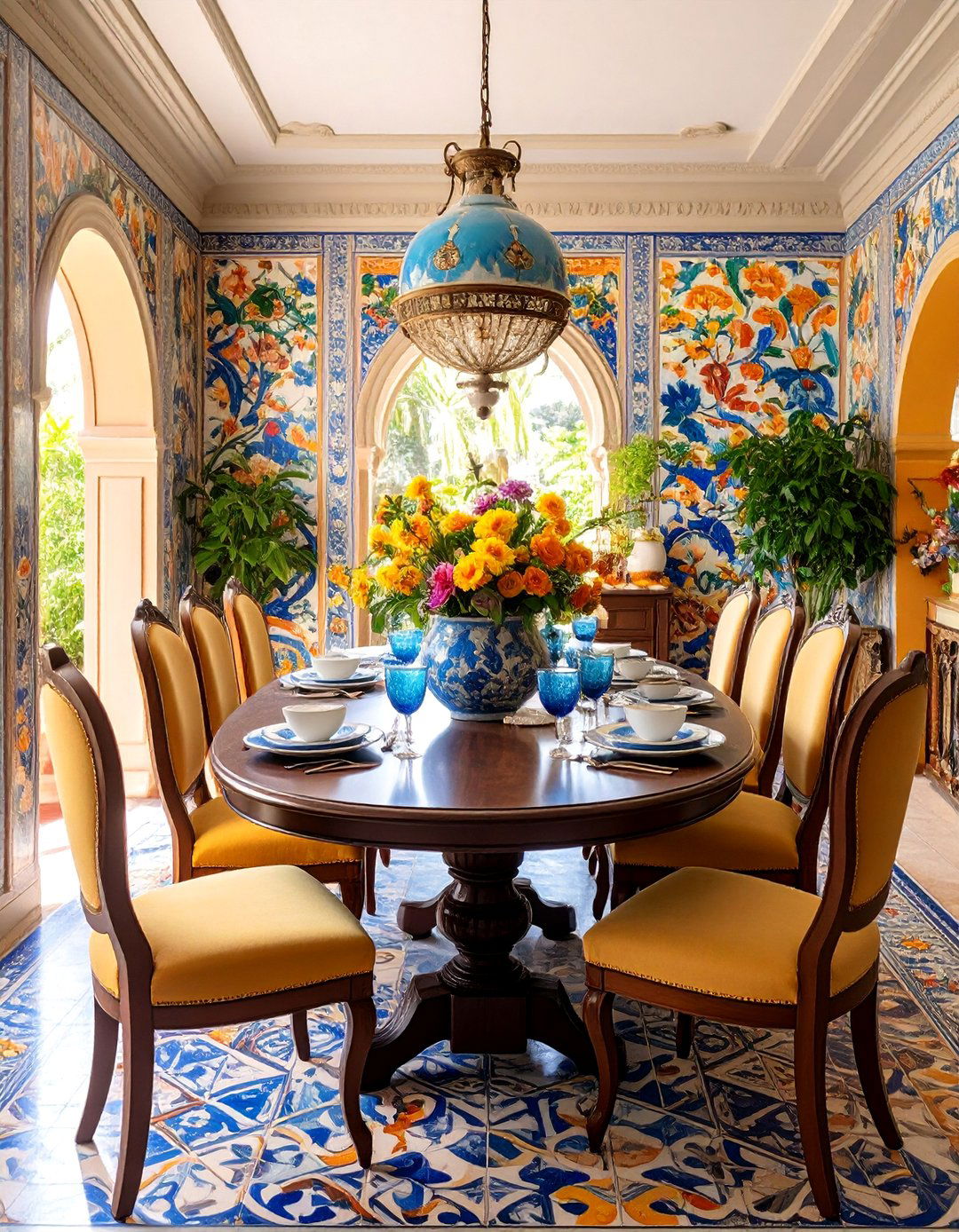 Spanish Villa Dining Room with Elegant Tile Work and Formal Furniture - 25 spanish style dining room ideas