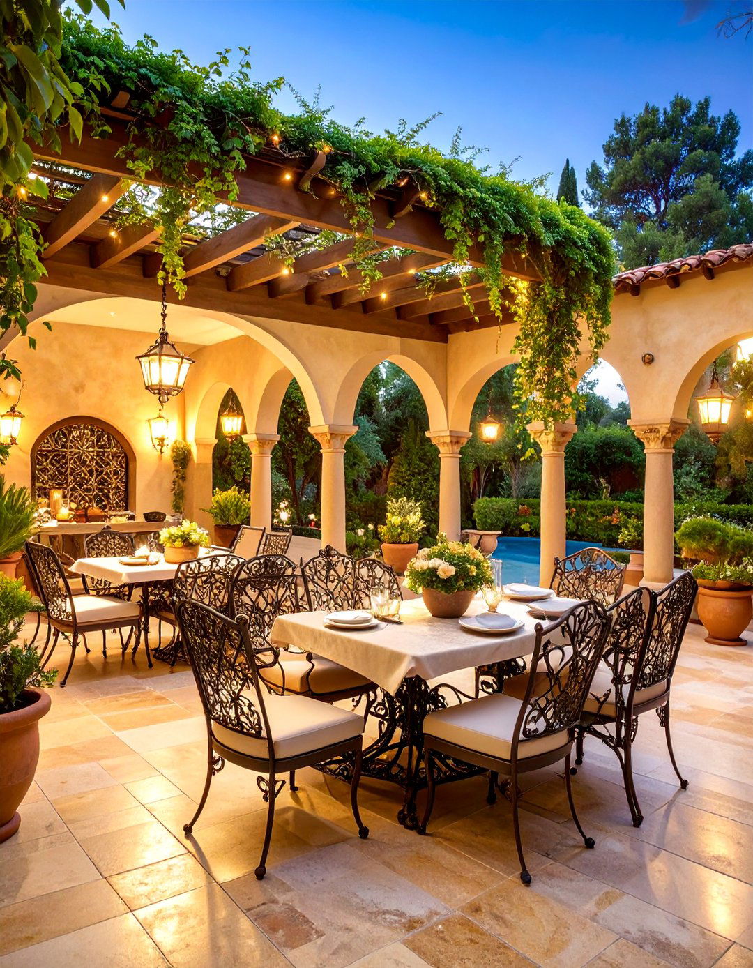 Spanish Villa Patio with Travertine and Wrought Iron - 25 spanish style patio ideas