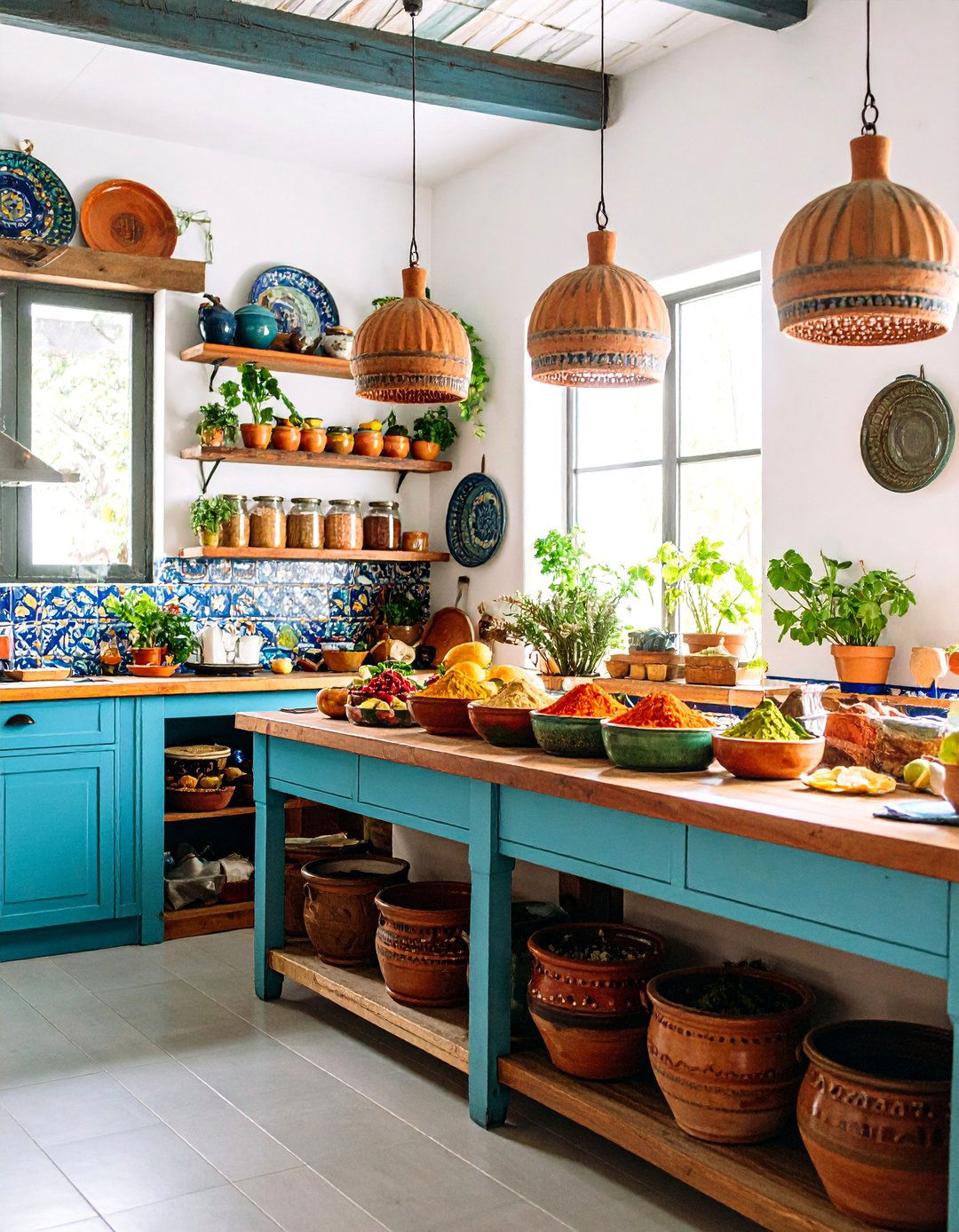 Spice Display Kitchen with Traditional Clay Storage Containers - 25 Mexican Kitchen Ideas