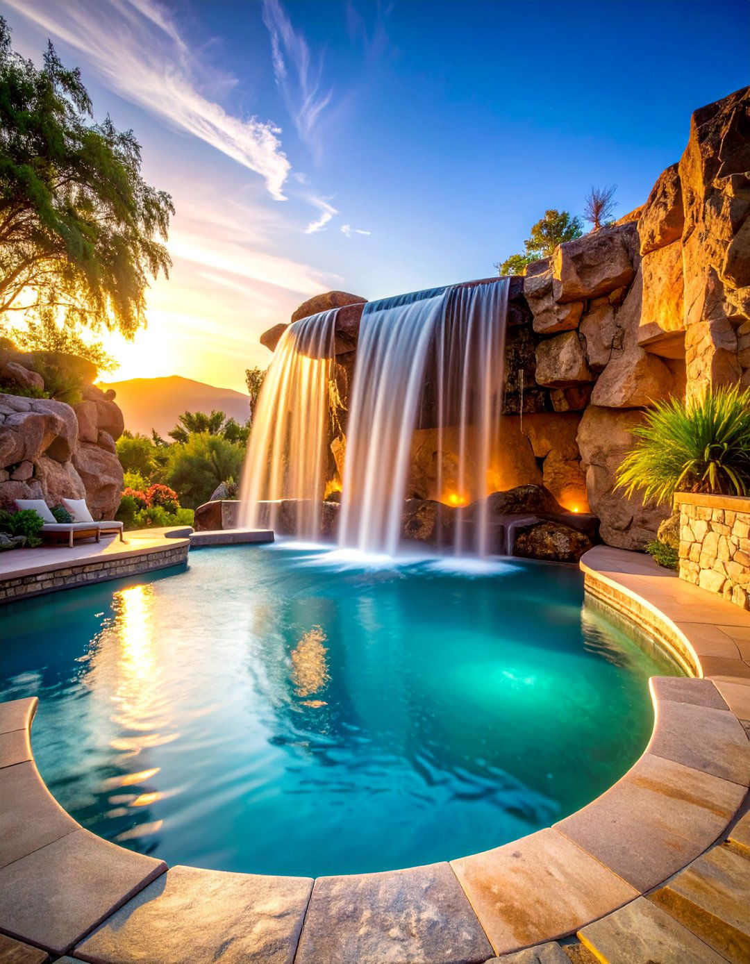 Spillover Spa Waterfall with Integrated Seating - 25 Small Pool Waterfall Ideas