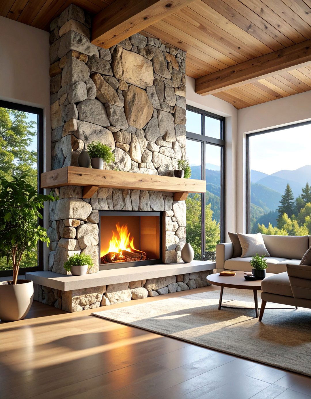 Split Face Natural Stone Fireplace Feature - 25 Farmhouse Fireplace Tile Ideas