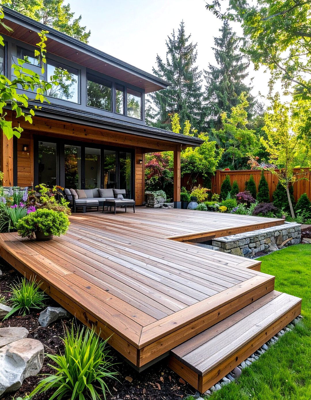 Split Level Deck with Natural Stone Accents - 25 Backyard Deck Ideas on a Budget