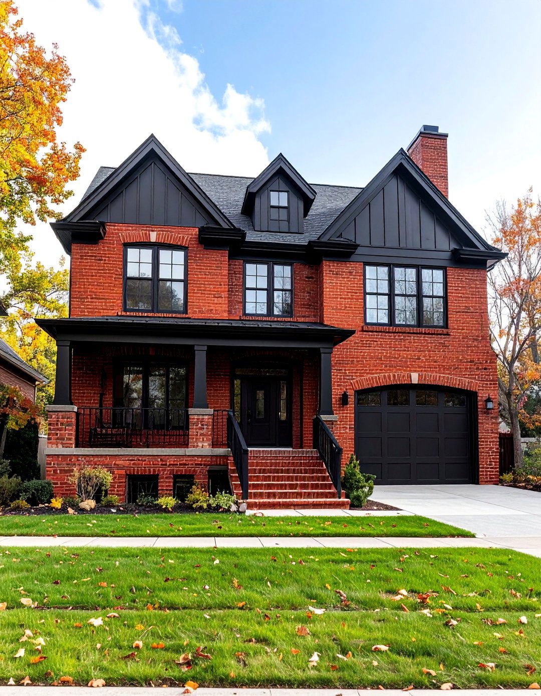 Split Level Red Brick House with Black Upper Level Siding - 25 Red Brick House with Black Trim Design Ideas