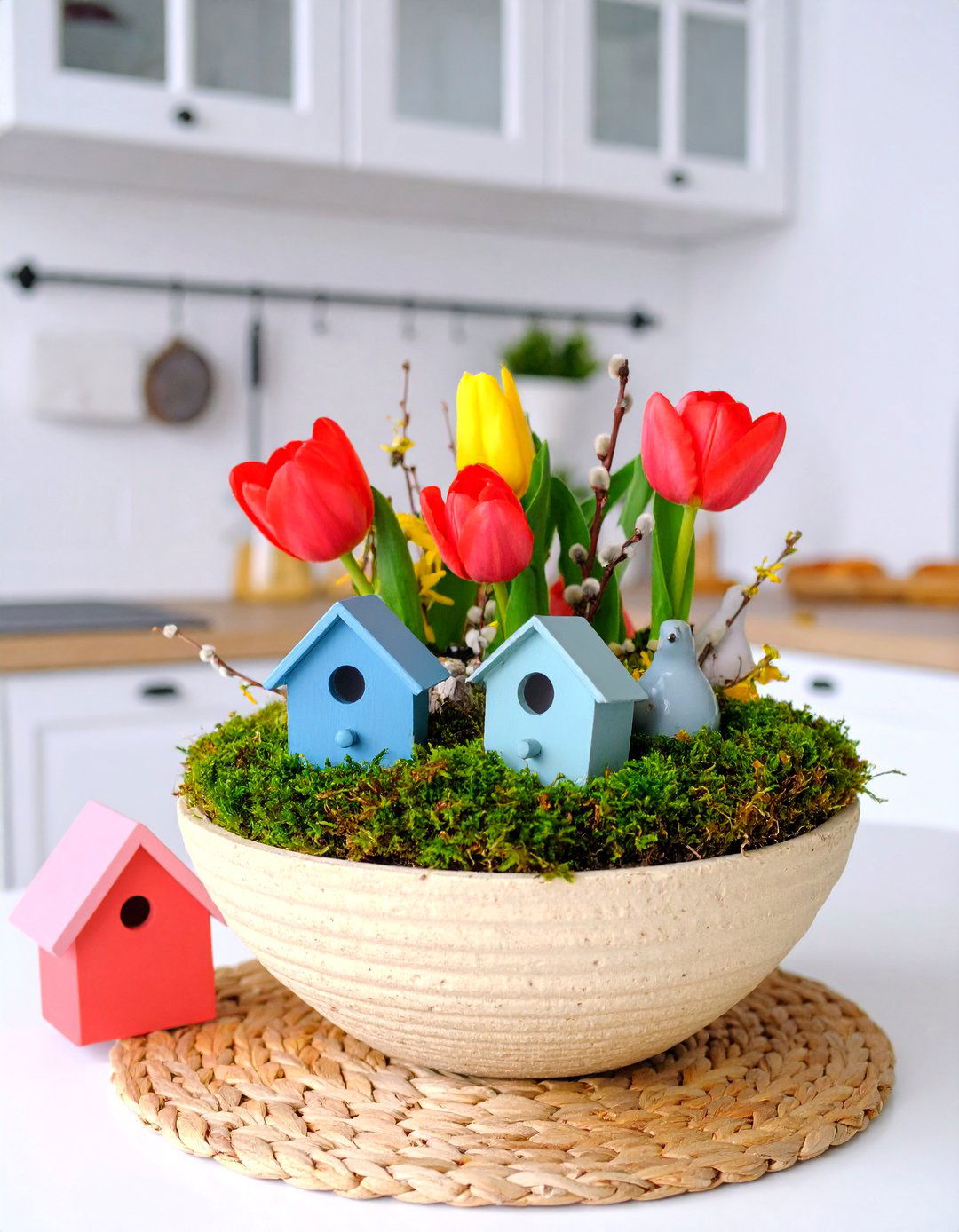 Spring Garden Bowl with Fresh Florals and Moss - 25 Dough Bowl Decor Ideas