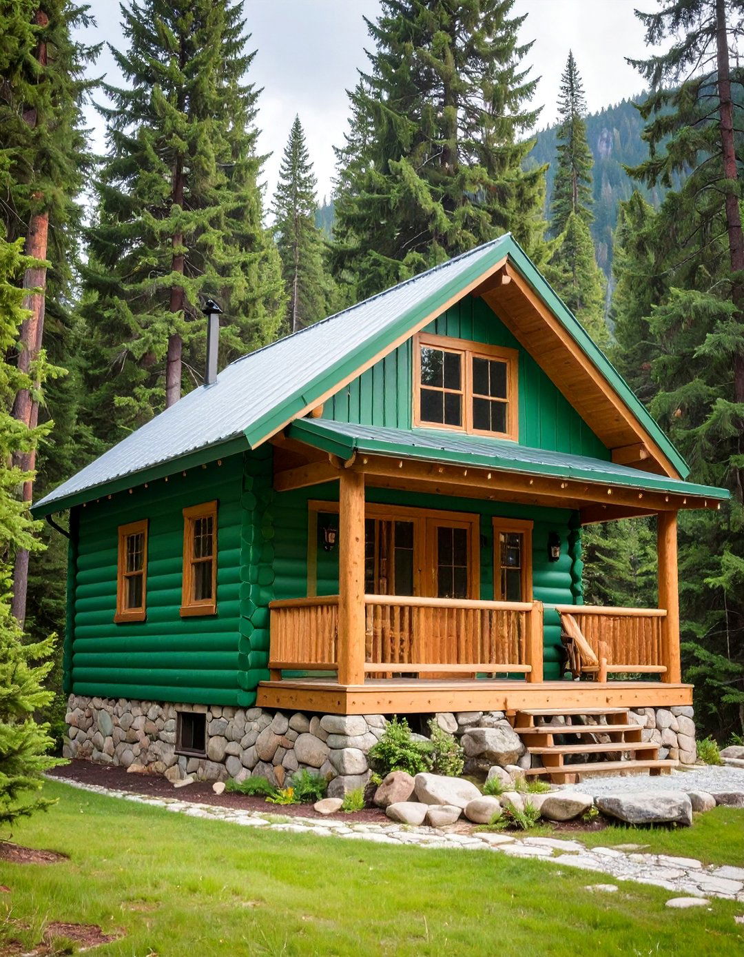 Spruce Green Cabin with Natural Stone - 25 Dark Green Exterior Paint Color Schemes