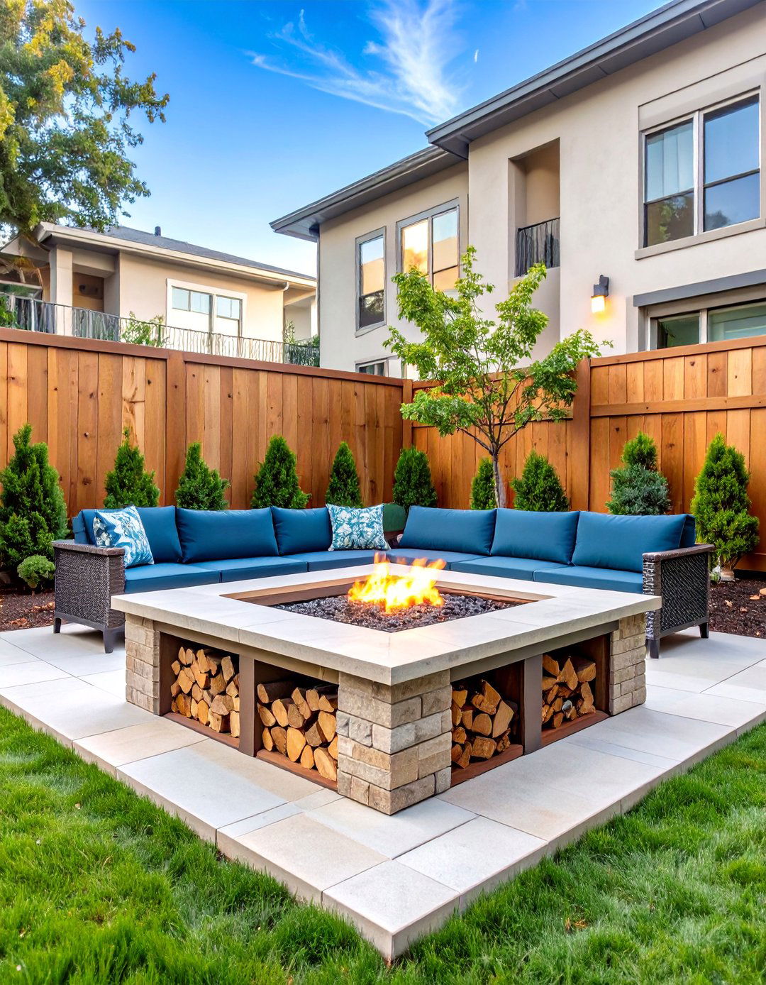 Square Fire Pit with Built In Log Storage - 25 Square Fire Pit Ideas