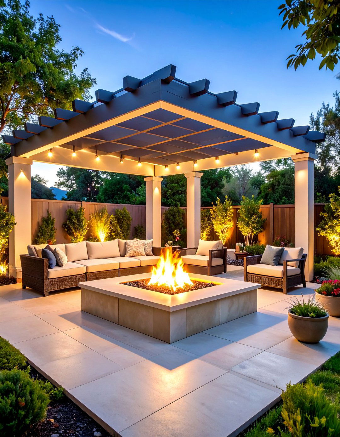 Square Fire Pit with Pergola Overhead Structure - 25 Square Fire Pit Ideas