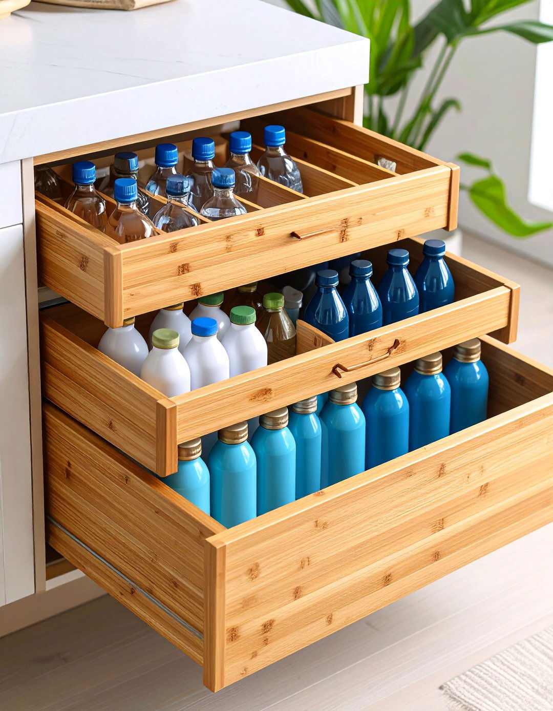 Stackable Bamboo Drawer Organizer - 25 Water Bottle Storage Ideas