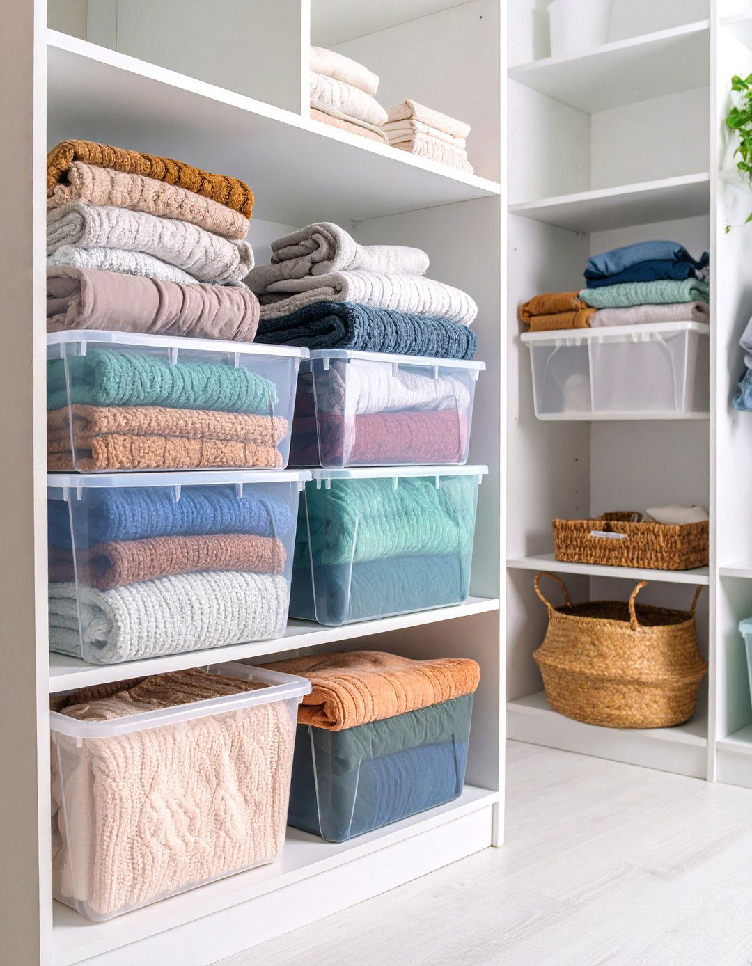Stackable Clear Storage Bins with Shelf Dividers - 25 sweater storage ideas
