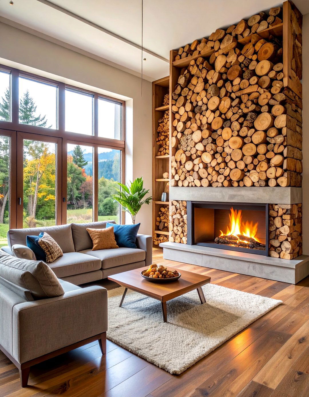 Stacked Firewood Display Feature - 25 Fireplace Accent Wall Ideas