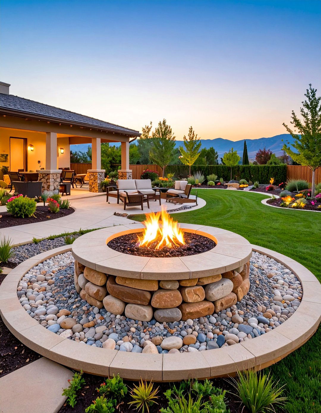 Stacked River Rock with Gravel Surround - 25 Rustic Fire Pit Ideas