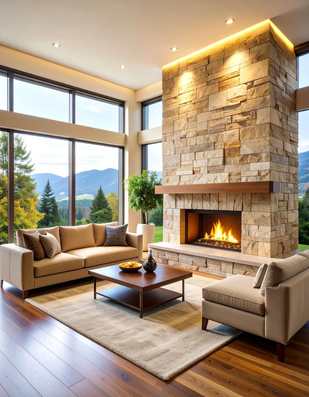 Stacked Sandstone Fireplace with Integrated Lighting - 25 Floor to Ceiling Stone Fireplace Ideas
