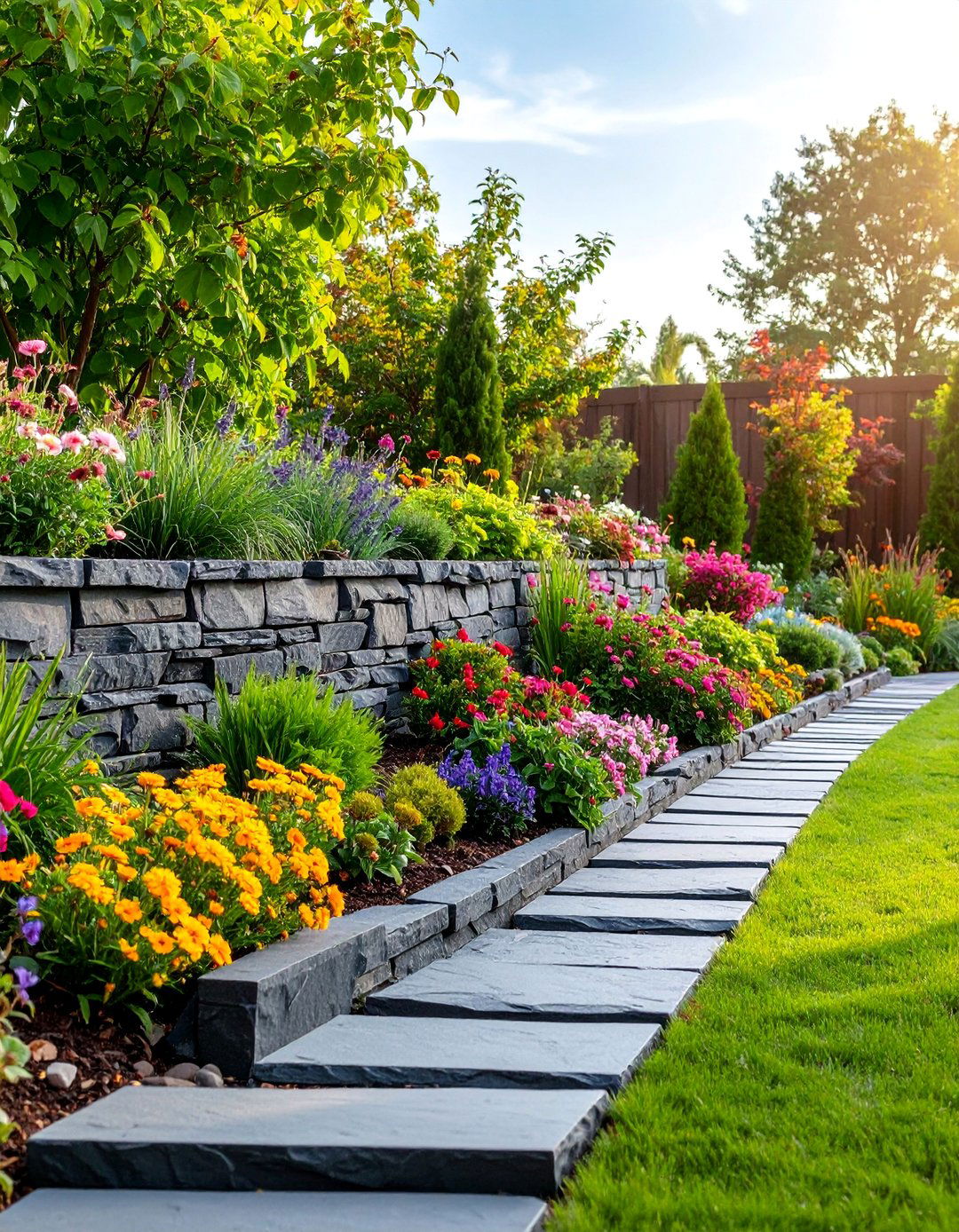 Stacked Slate Stone Retaining Wall Edging - 25 Stone Garden Edging Ideas