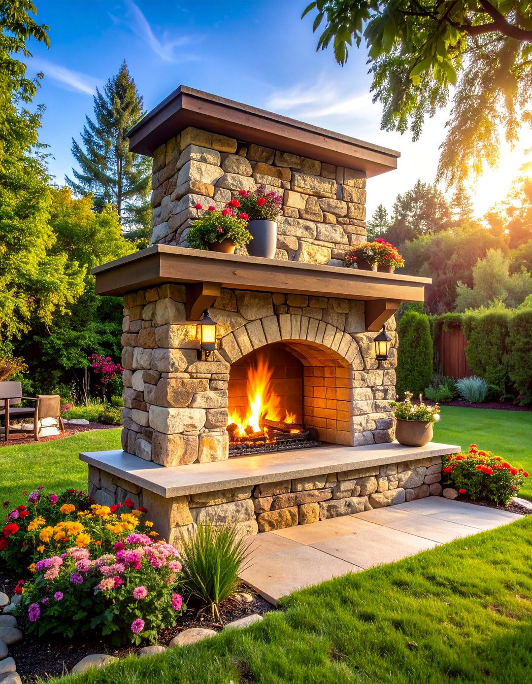 Stacked Stone Fireplace with Built In Wood Storage - 25 Rustic Outdoor Fireplace Ideas